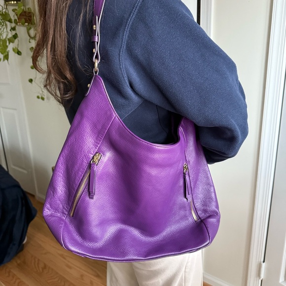 Ora Delphine Purple Pebbled Genuine Leather Two Zipper Purse Gold Hardware - Picture 7 of 12